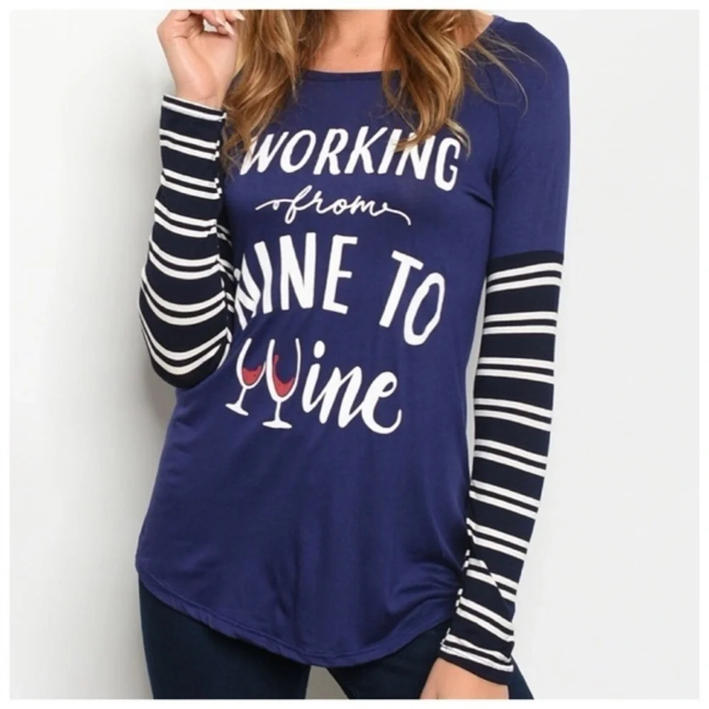🆕Working nine to wine-Fun graphic tee in navy - Picture 2 of 7